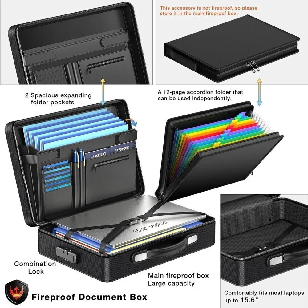 Fireproof Document Box with Fireproof Zipper, Hard Inner Shell Fireproof Documen
